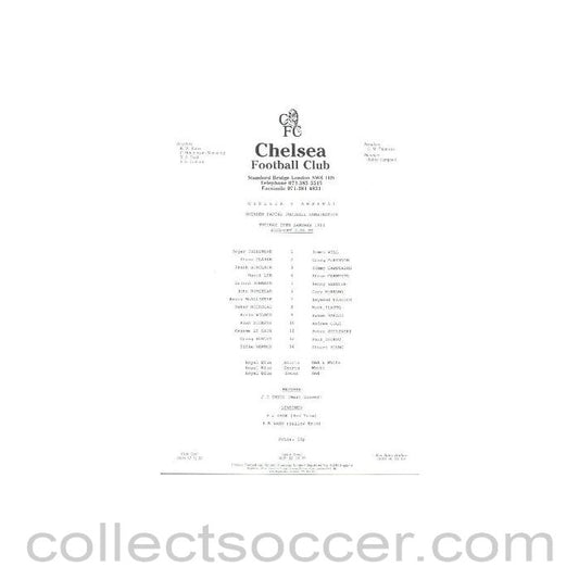 1991 - Chelsea v Arsenal official teamsheet 29/01/1991
