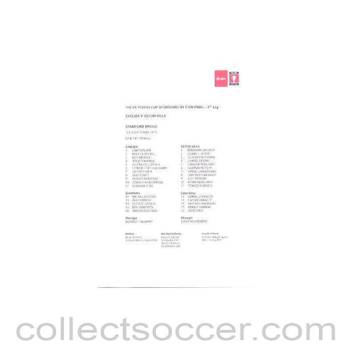 2010 - Chelsea v Aston Villa teamsheet 04/05/2010 The Youth Cup Final