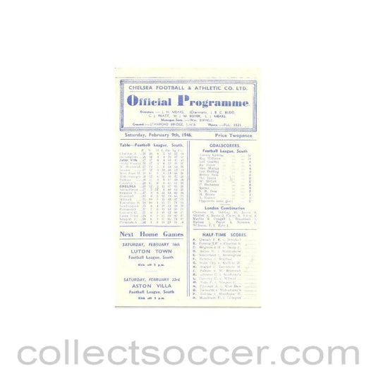 1946 - Chelsea v Aston Villa official programme 09/02/1946