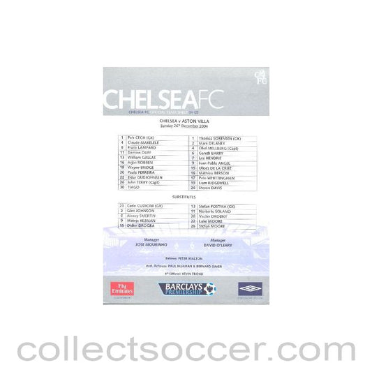 2004 - Chelsea v Aston Villa teamsheet 26/12/2004