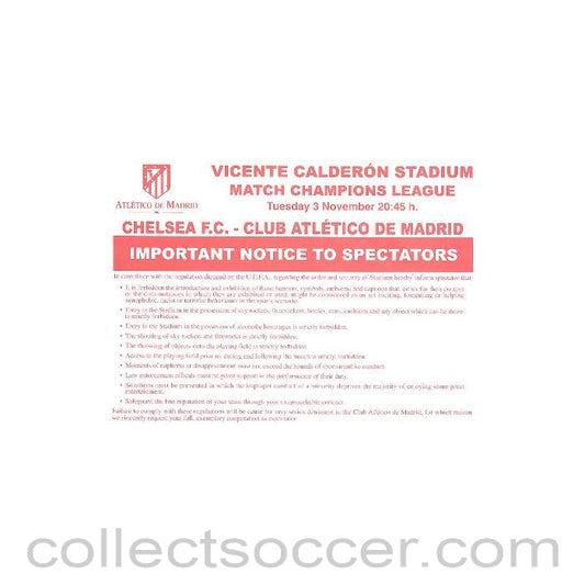 2009 - Chelsea v Atletico Madrid 03/11/2009 Important Notice to Spectators