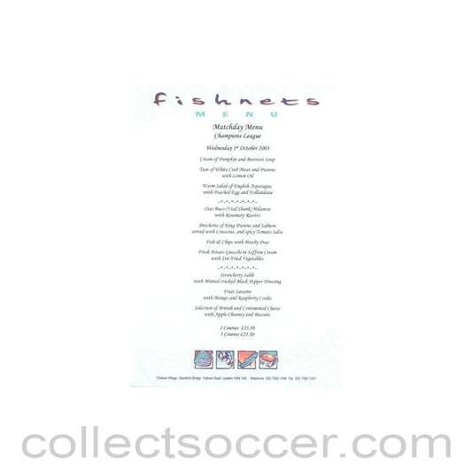 2003 - Chelsea v Besiktas Fishnets menu 01/10/2003 Champions League