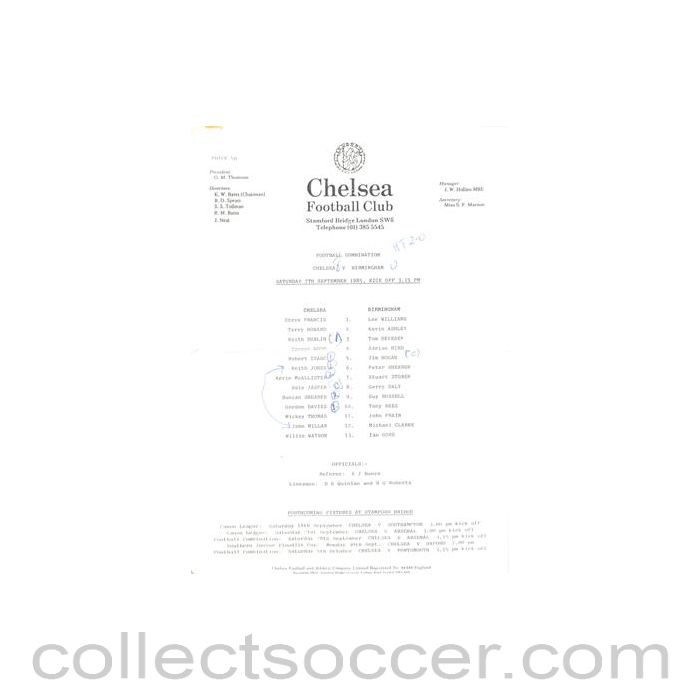 1985 - Chelsea v Birmingham Reserves official teamsheet 07/09/1985 Football Combination