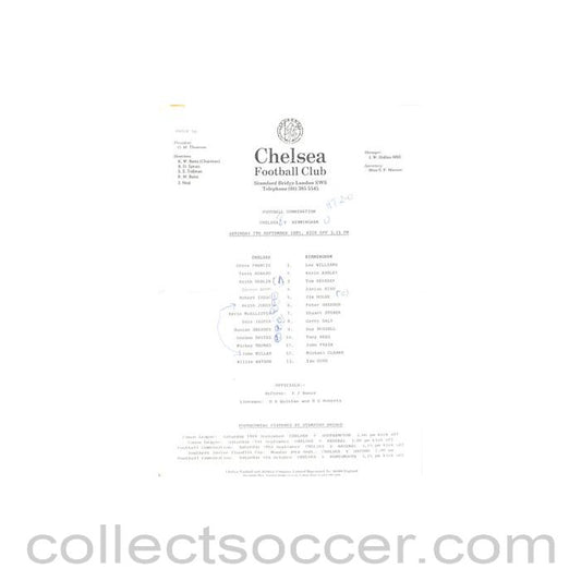 1985 - Chelsea v Birmingham Reserves official teamsheet 07/09/1985 Football Combination