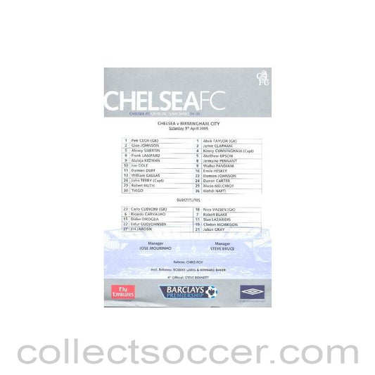 2005 - Chelsea v Birmingham official teamsheet 09/04/2005
