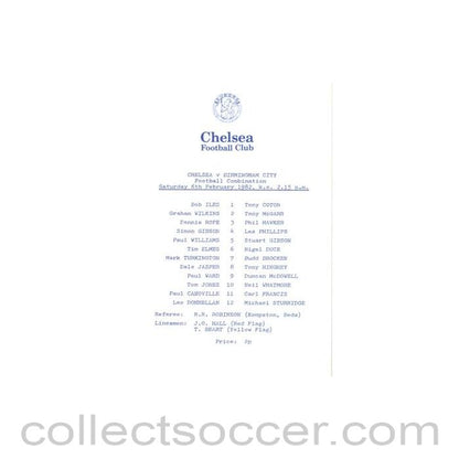 1982 - Chelsea v Birmingham City Reserves official programme 06/02/1982 Football Combination