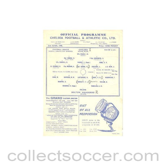 1945 - Chelsea v Bolton Wanderers official programme 02/06/1945