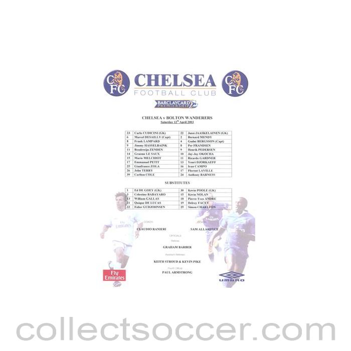 2003 - Chelsea v Bolton Wanderers official colour teamsheet 12/04/2003 Premier League