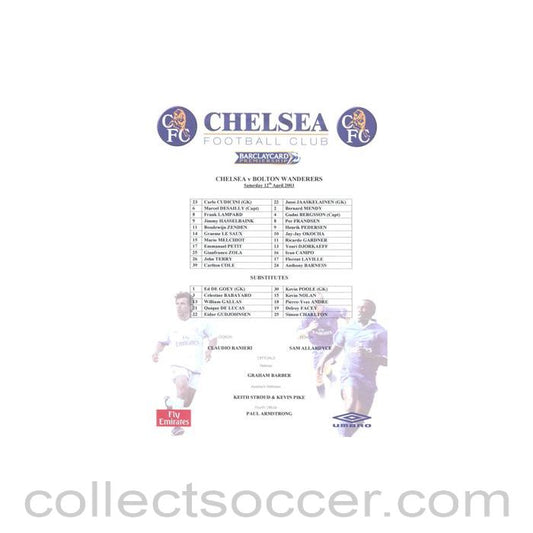 2003 - Chelsea v Bolton Wanderers official colour teamsheet 12/04/2003 Premier League