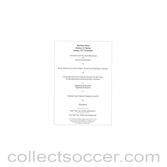 2001 - Chelsea v Bolton Wanderers Bentleys menu 23/12/2001 Premier League