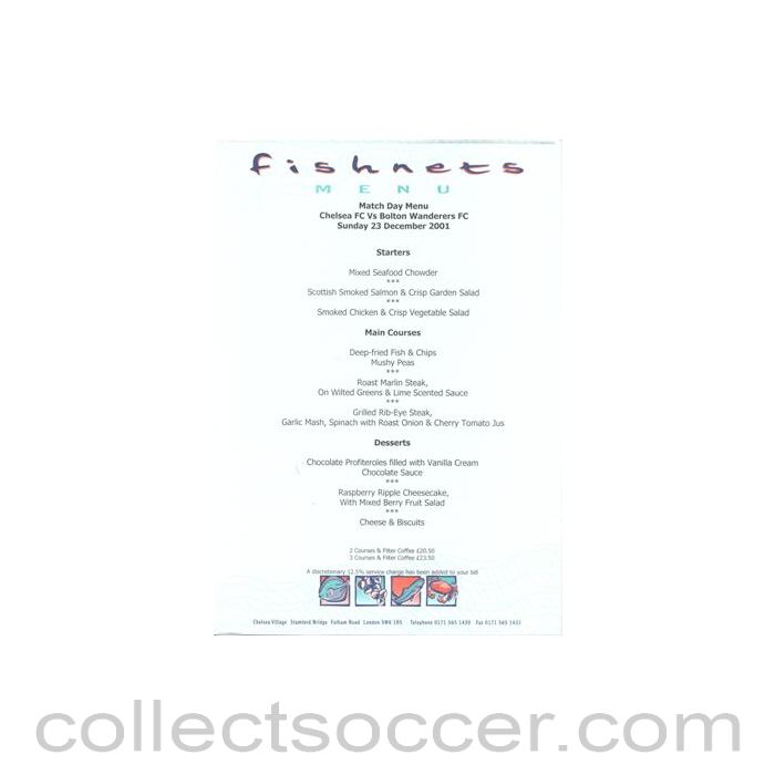 2001 - Chelsea v Bolton Wanderers Fishnets menu 23/12/2001 Premier League
