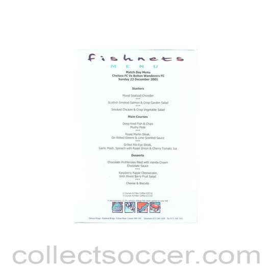 2001 - Chelsea v Bolton Wanderers Fishnets menu 23/12/2001 Premier League