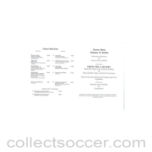 2001 - Chelsea v Bolton Wanderers Ossies menu 23/12/2001 Premier League