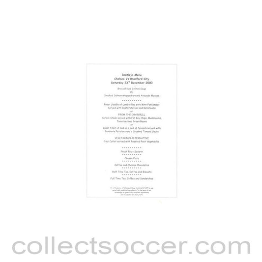 2000 - Chelsea v Bradford City Bentley's menu 23/12/2000