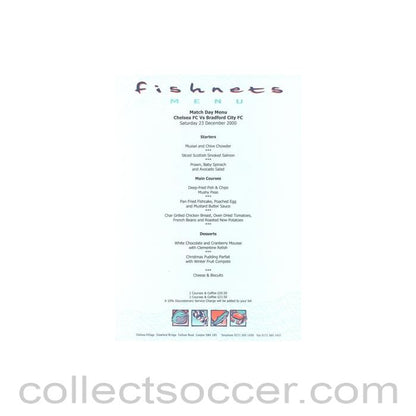 2000 - Chelsea v Bradford City Fishnets menu 23/12/2000