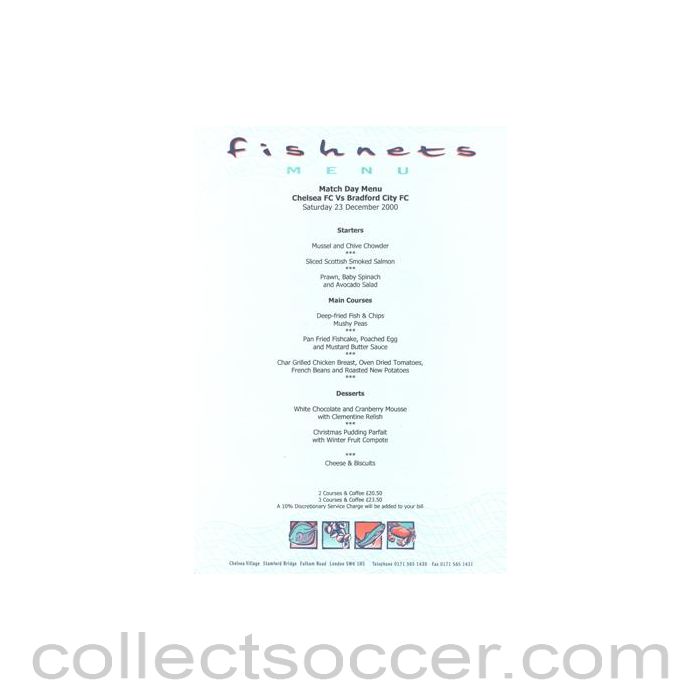 2000 - Chelsea v Bradford City Fishnets menu 23/12/2000