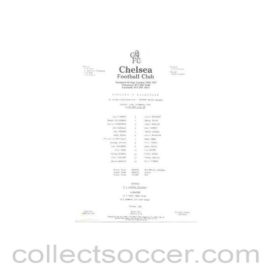 1990 - Chelsea v Brentford official teamsheet 14/12/1990 F.A. Youth Challenge Cup