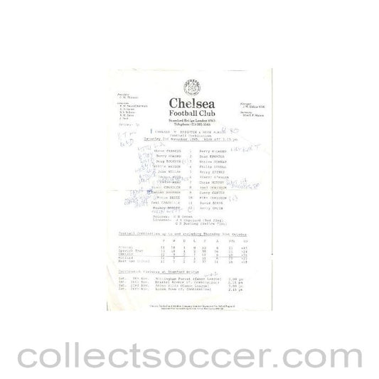 1985 - Chelsea v Brighton & Hove Albion official teamsheet 02/11/1985