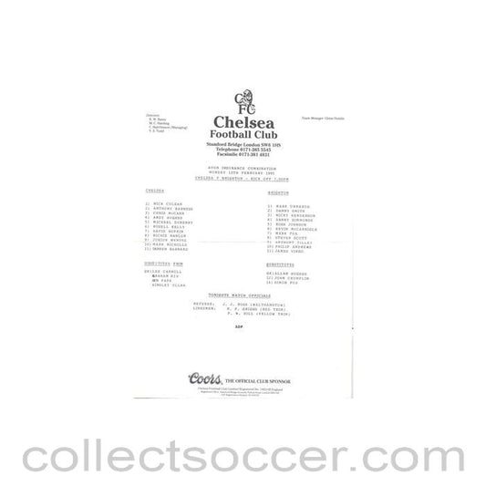 1995 - Chelsea v Brighton Reserves official teamsheet 13/02/1995 Football Combination
