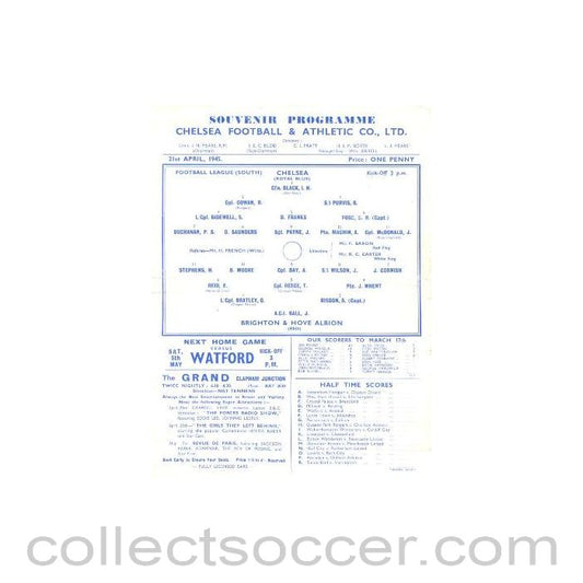 1945 - Chelsea v Brighton & Hove Albion official programme 21/04/1945 Football League