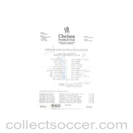 1987 - Chelsea v Brighton Reserves official teamsheet 29/09/1987 Football Combination