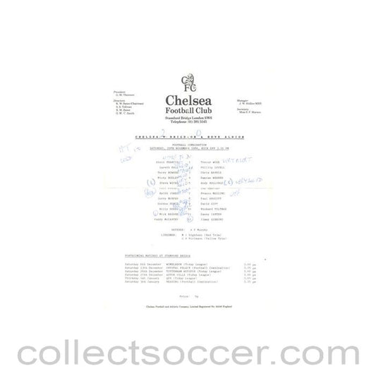1986 - Chelsea v Brighton Reserves official teamsheet 29/11/1986 Football Combination