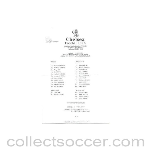 1994 - Chelsea v Bristol City Reserves official teamsheet 07/02/1994 Football Combination