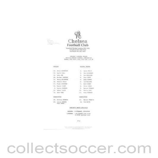 1994 - Chelsea v Bristol Rovers Reserves official teamsheet 18/04/1994 Neville Ovenden Football Combination