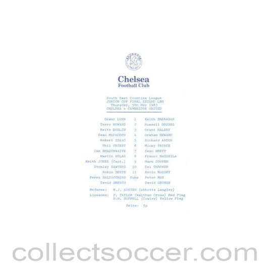 1983 - Chelsea v Cambridge United official programme 05/05/1983 South-East Counties League Junior Cup Final