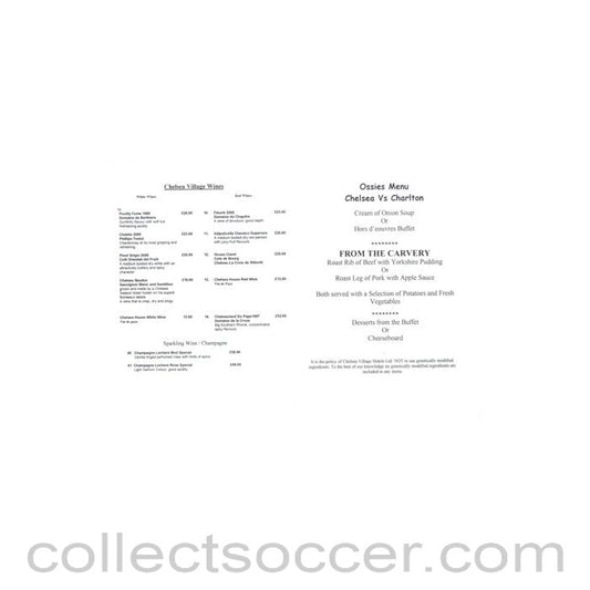 2001 - Chelsea v Charlton Athletic Ossies menu 05/12/2001