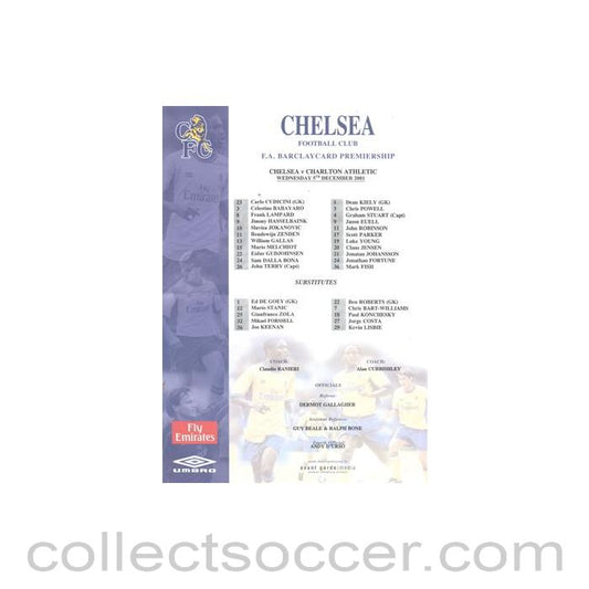 2001 - Chelsea v Charlton Athletic official colour teamsheet 05/12/2001 Premier League
