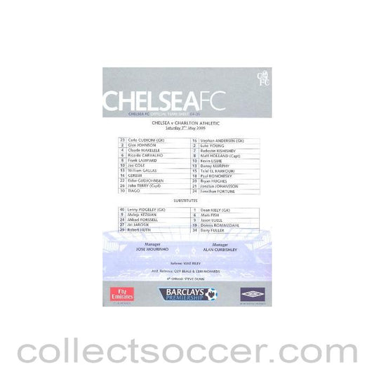 2005 - Chelsea v Charlton official teamsheet 07/05/2005