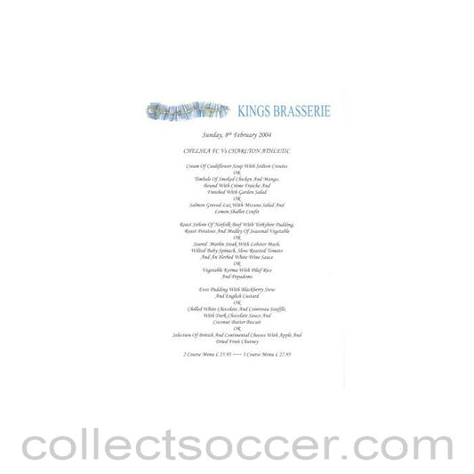 2004 - Chelsea v Charlton Athletic Kings Brasserie menu 08/02/2004 Premier League