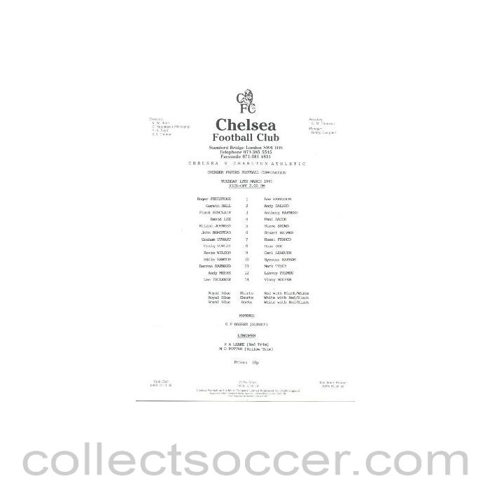 1991 - Chelsea v Charlton Athletic official teamsheet 12/03/1991