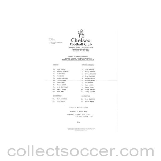 1994 - Chelsea v Charlton Athletic Reserves official teamsheet 21/02/1994 Neville Ovenden Football Combination