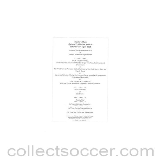 2001 - Chelsea v Charlton Athletic Bentley's menu 21/04/2001
