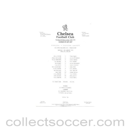 1991 - Chelsea v Crystal Palace official teamsheet 17/01/1991