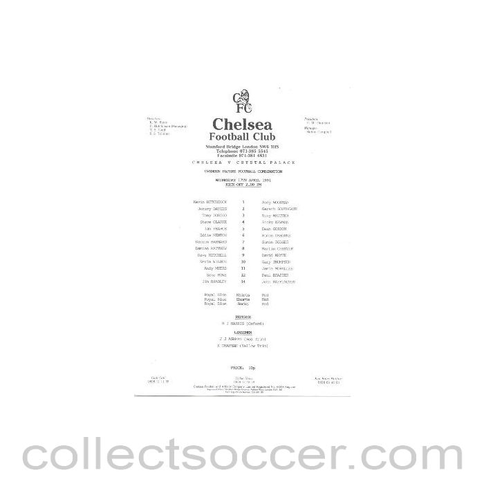 1991 - Chelsea v Crystal Palace Reserves official teamsheet 17/04/1991 Football Combination