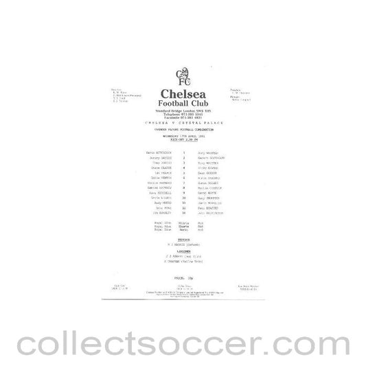 1991 - Chelsea v Crystal Palace Reserves official teamsheet 17/04/1991 Football Combination