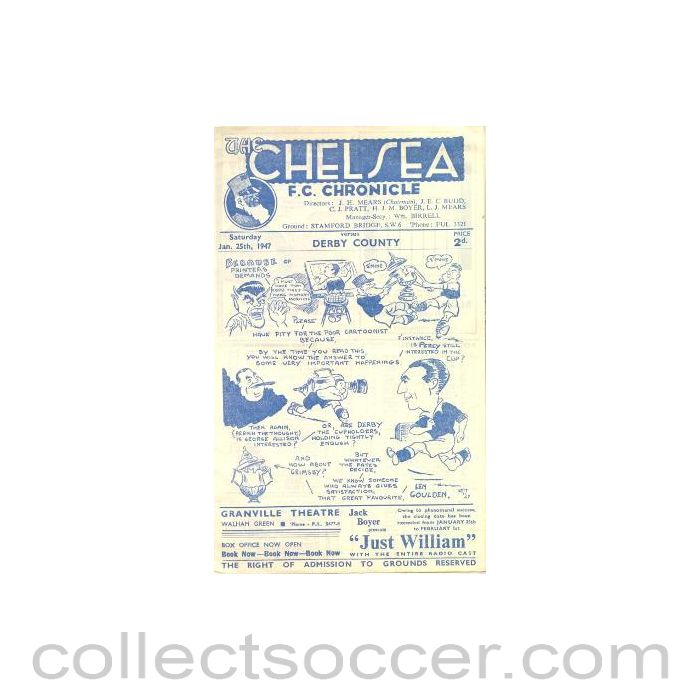 1947 - Chelsea v Derby County official programme 25/01/1947
