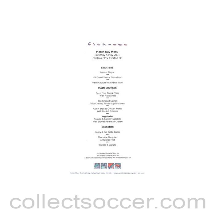 2001 - Chelsea v Everton Fishnets menu 05/05/2001