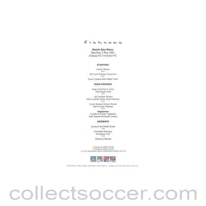 2001 - Chelsea v Everton Fishnets menu 05/05/2001