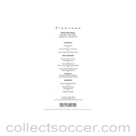 2001 - Chelsea v Everton Fishnets menu 05/05/2001