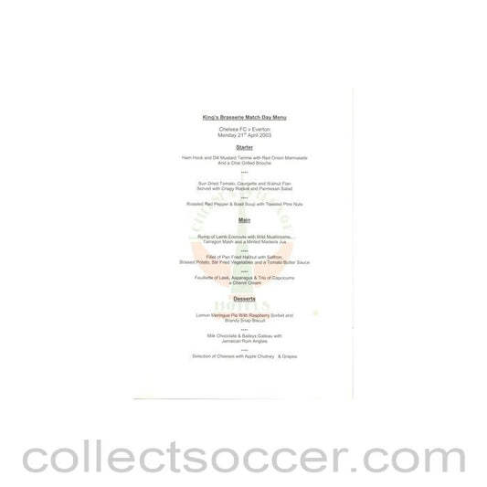 2003 - Chelsea v Everton King's Brasserie menu 21/04/2003