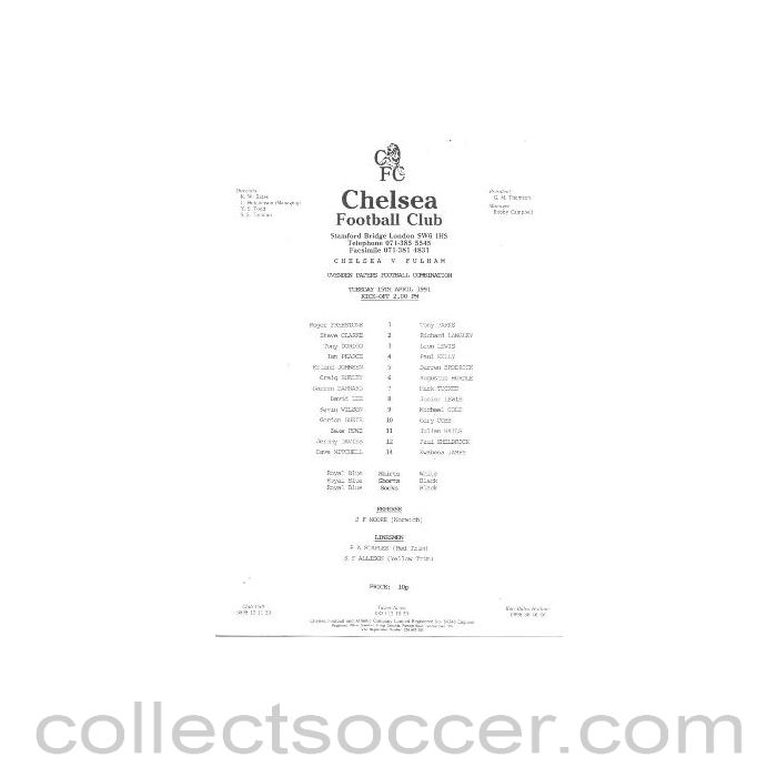 1991 - Chelsea v Fulham official teamsheet 15/04/1991