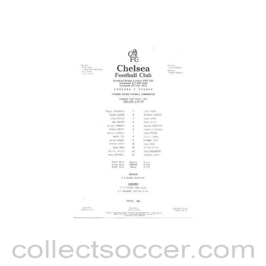 1991 - Chelsea v Fulham official teamsheet 15/04/1991