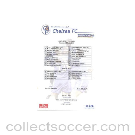 2004 - Chelsea v Fulham official teamsheet 20/03/2004 Premier League