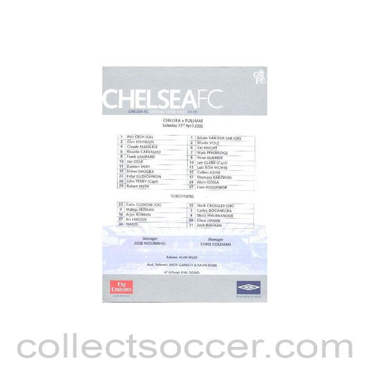 2005 - Chelsea v Fulham official teamsheet 23/04/2005