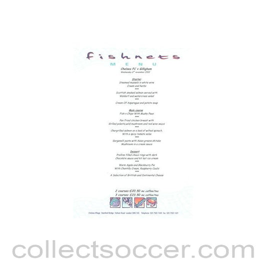 2002 - Chelsea v Gillingham Fishnets menu 06/11/2002