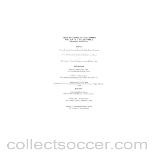 2002 - Chelsea v Gillingham King's Brasserie menu 06/11/2002